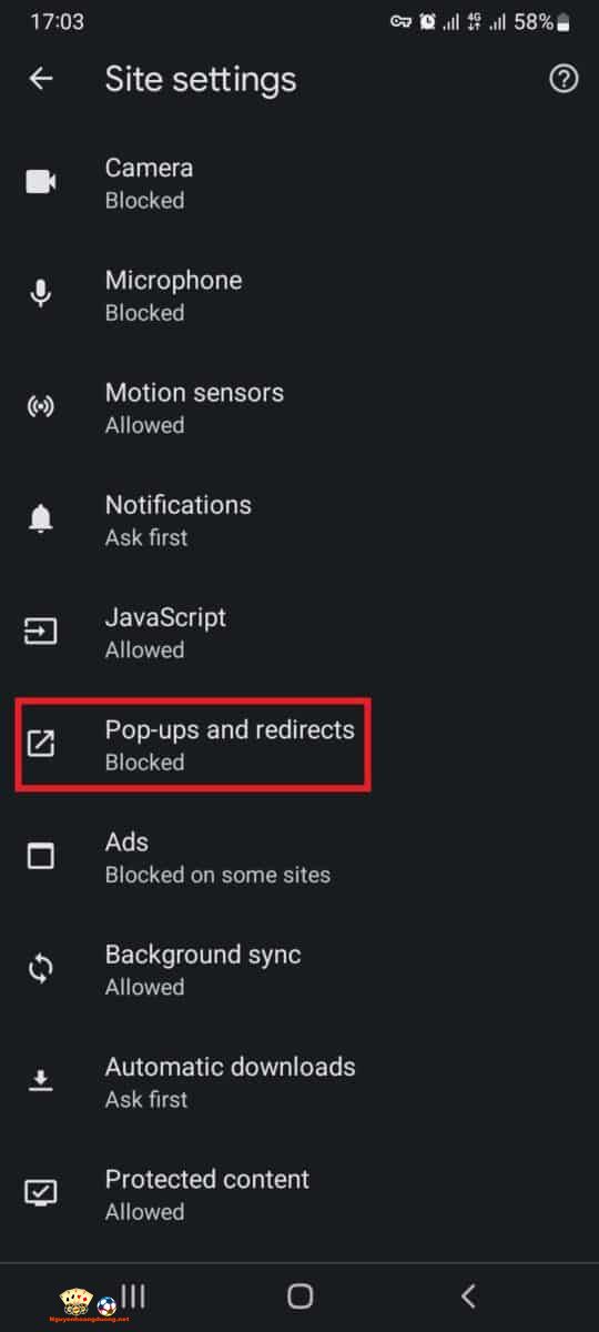 Chọn Pop-up and Redirect