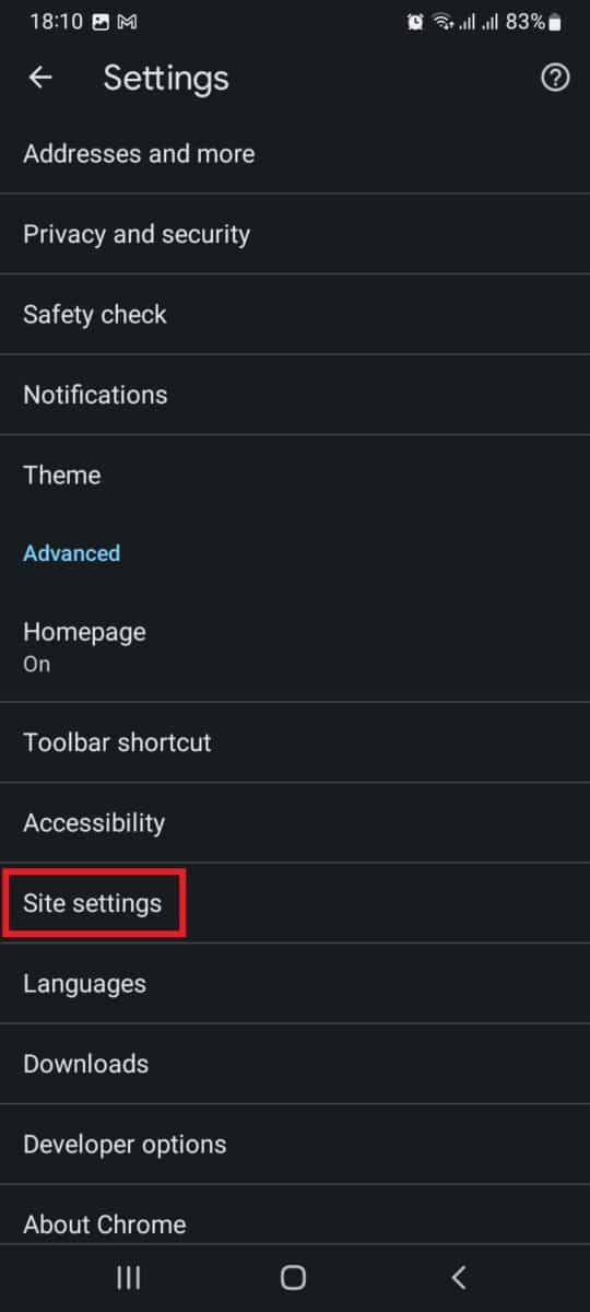 Chọn mục Site settings